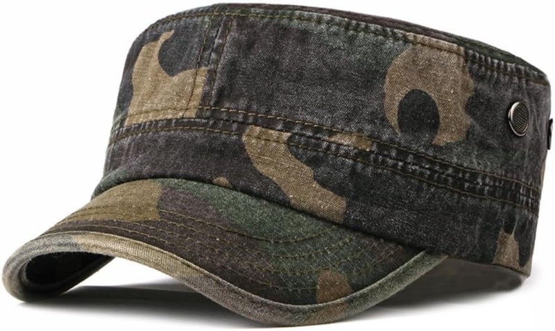 FASHIXD Military Flat Top Cap, Washed Cotton Vintage Adjustable Cadet Army Camo Hat, Outdoor Camping Baseball Cap for Men Women - Image 1